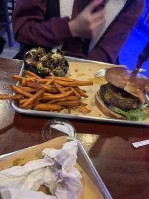 Burnt End Burger with Sweet Potato Fries and Roasted Bacon Brussels Sprouts