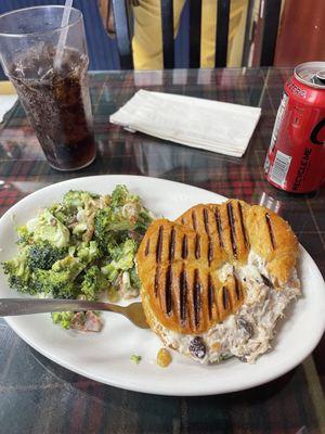 Broccoli salad and a chicken salad sandwich