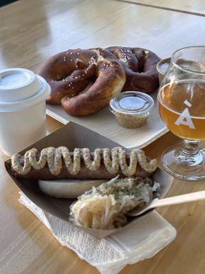 Street brat and pretzels + beer cheese