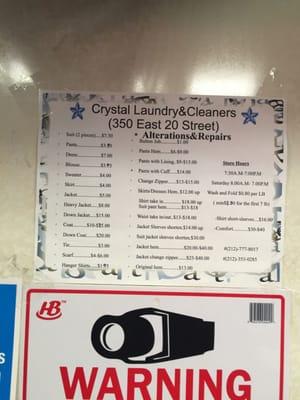 Crystal Dry Cleaners Price List