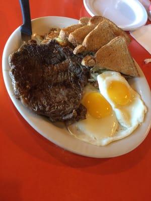 Rib eye, sunny side, hash brown and eggs. $9.49!