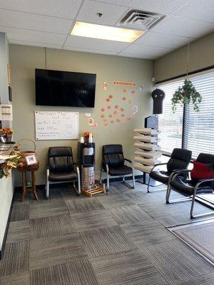 Our reception area. The TV plays informational messages daily.