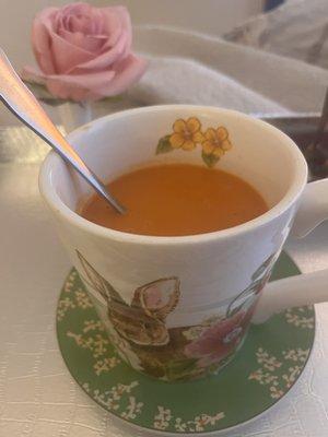 The most AMAZING tomato soup in the sweetest mug with a pink rose