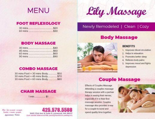 Receive 360mins(6 hour) of massage for the price of 300min(5 hours). You session duration may be either 60mins or 90mins per appointment.