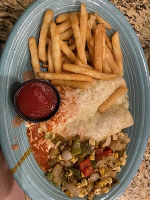 Chicken enchilada, Christmas style, with veggies and French fries as substitute sides for rice and beans.