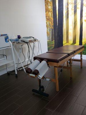 Treatment room number two has a woods theme mural and oak adjusting table.