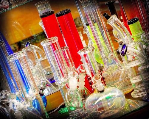 We carry a great selection of glass and pipes, many of them purchased from local Portland craftsmen.