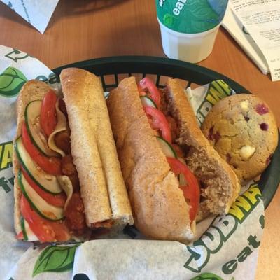 Footlong meatball sub with a cranberry cookie