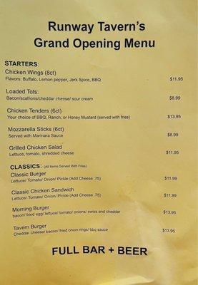 Grand Opening Menu