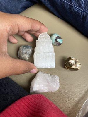 Selenite, rose quartz, fluorite, and amazonite