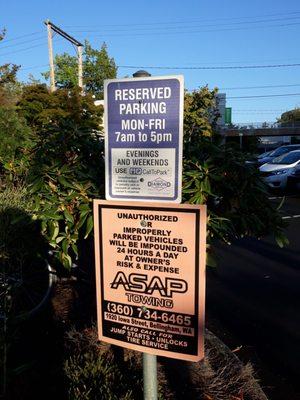 Reserved Parking Mon-Fri 7am to 5pm. Evening and Weekend use "CallToPark" but where's the number to call??