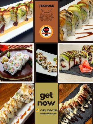 Dragon Roll, Tiger Roll, Caterpillar Roll, Hawaiian Roll, California Roll, Eel Roll, Crunchy Roll.