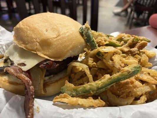 Bacon Swiss Mushroom Burger and  Fried Onion Jal Strings