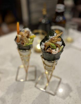 Salmon Skin Hand Roll & Soft Shell Crab Hand Roll