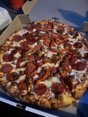 3 Topping Cheese Pizza with roasted peppers, pep, and sausage (Medium)