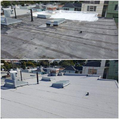 Before the complete removal of the previous roof and after the completion of the new roof.