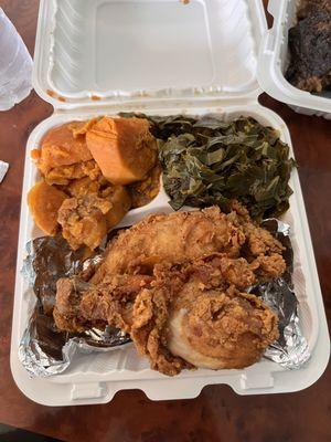 Fried chicken with collard greens and yams