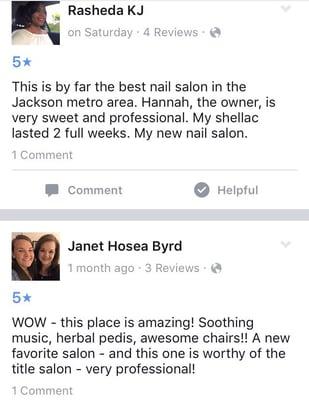 Reviews/comments on the Facebook page from previous customers about their visit at Bellagio Nails & Salon!