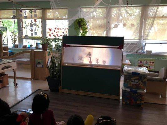 Child led shadow puppet show.