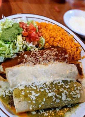 La Bandera, three enchiladas, one chicken with cheese sauce, one beef with green sauce, one cheese with red sauce.