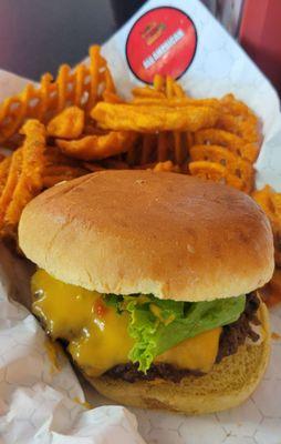 All American Burger with sweet potato waffle fries