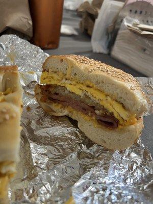 Egg and cheese bagel with pork roll and hash brown