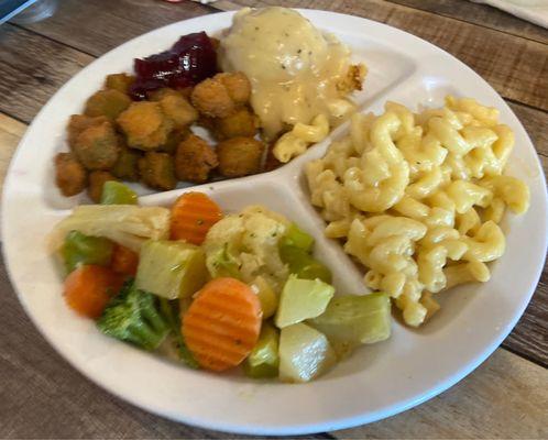 Chicken and dressing w/ fried okra, mac and cheese and mixed vegetables