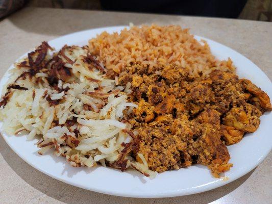 Chorizo and eggs with hashbrowns and Mexican rice.