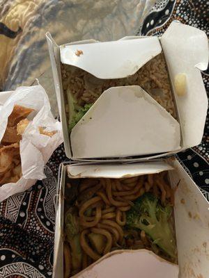 Cream cheese wontons, vegetable fried rice and vegetable lo mein.