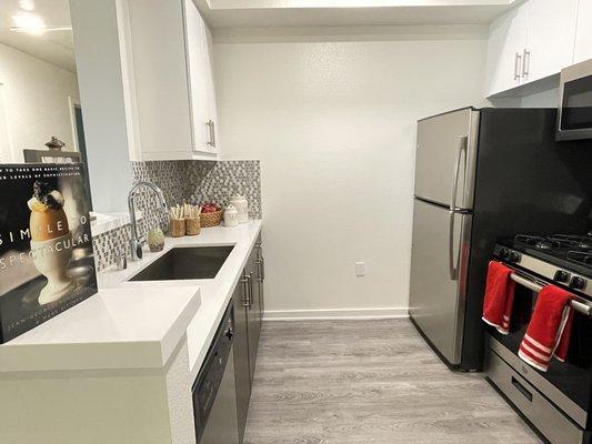 Kitchen with large basin sink and appliances in Modern luxury apartments in Vues on Gordon in Hollywood, California.