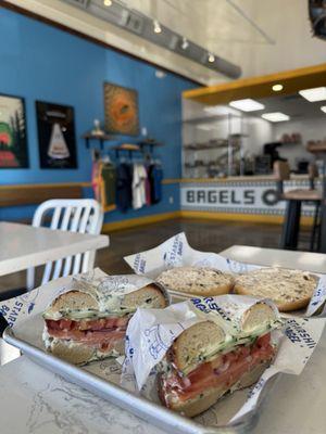 Front - Starship Lox Bagel (everything bagel w/ chives shmear) Back - plain bagel w/ honey almond shmear