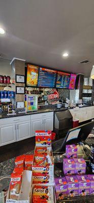 Menu, products and drink counter.