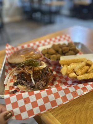 Chopped brisket, fries and okra