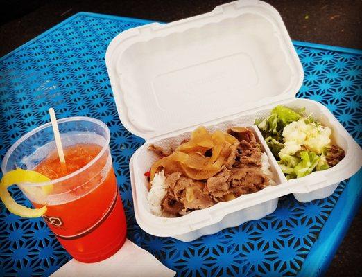 Fresh squeezed lemonade w/ li hing mui and gyu don w/ potato salad.