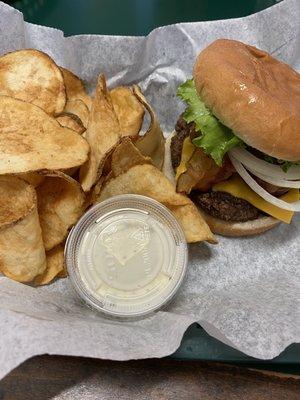 Bacon cheeseburger and chips. You WANT this!