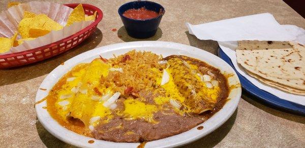 Beef & Chicken Enchiladas, Beans & Rice, Homemade Flour Tortilla,  Chips & Salsa...