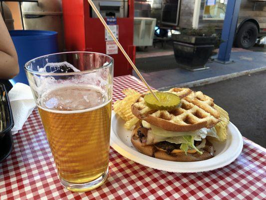 Waffle burger they do on the weekend. Beer from the cart next door.