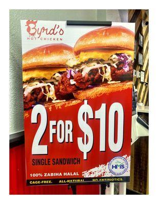 Special 2 for 2 For $10 ( Single Sandwichs) @ Byrd's Hot Chicken 2634 N Clark St, Chicago, IL Cool!