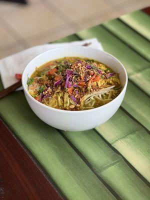 Khmer Noodle Bowl in fresh herb broth with Coconut Cream