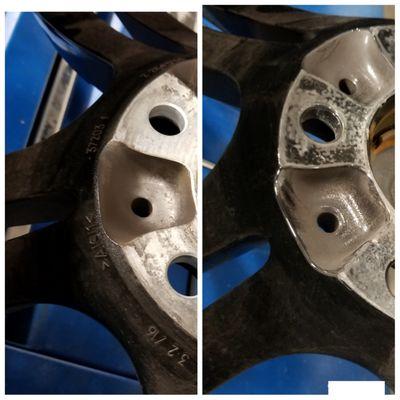 On the left is a brand new wheel. On the right is what I got back. They sprayed so much paint that you can't read the stamped numbers!