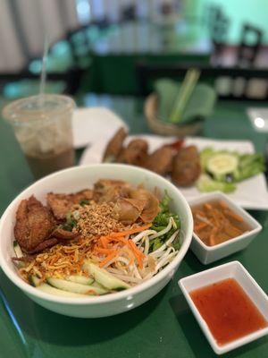 Fried eggplant, vegan cafe sua da and a fantastic noodle dish recommended to me. Vegan, gluten free, and so tasty. Yummy yum yum.