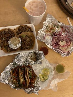 Asada alambres, al pastor tacos (not nearly enough), pickled onions and pico de gallo, and horchata.