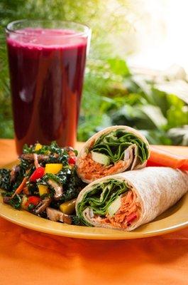 Hummus wrap with Raw kale salad and a Roxy Red Juice