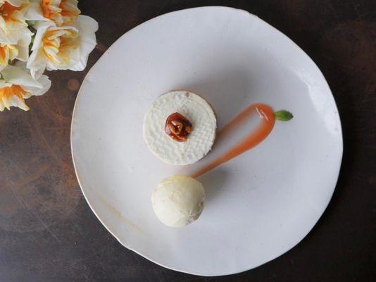 Carrot cake with walnuts and creme fraiche ice cream