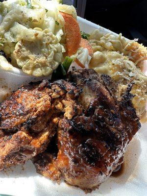 Jerk chicken, veggies, mac and cheese