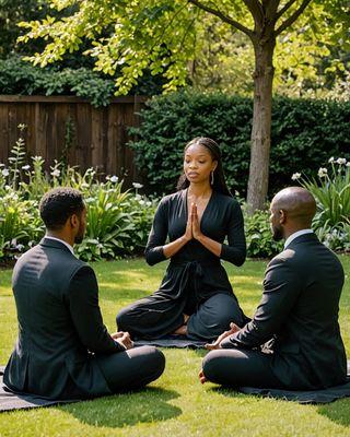 This serene image captures a powerful moment of connection and inner peace during a guided meditation session at our holistic wellness