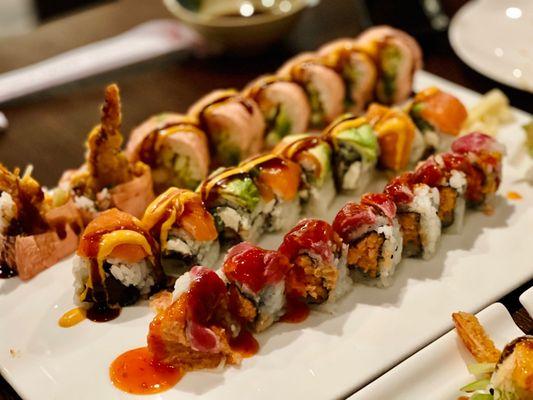 Red roll in front is spicy girl, middle is angel roll, and back is spicy lady roll.