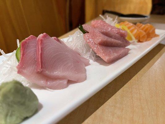 Sashimi. Yellowtail belly ($18) Bluefin fatty tuna ($26) Salmon belly ($16)