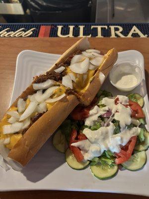 Chili Cheese Dog with a side salad