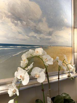 Decorative faux orchids and coastal inspired wall art at Patrick Day Home Gallery.